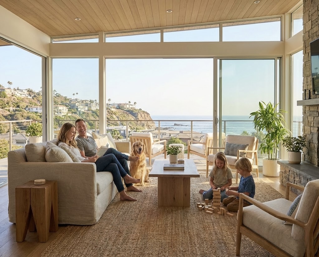 Happy family relaxing in modern living room